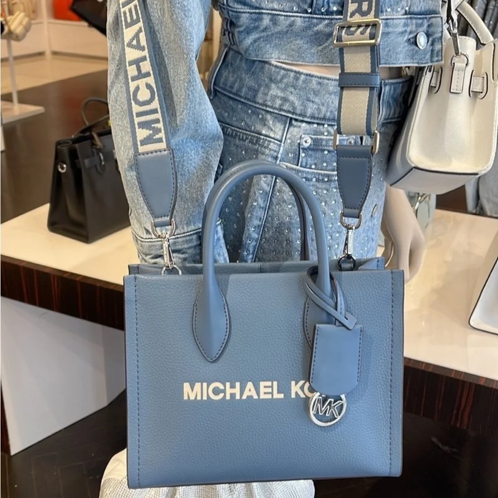 Michael Kors Mirella Small Pebbled Leather Crossbody Top Zip XBODY Bag Denim NWT - Picture 2 of 16
